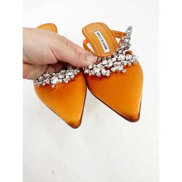 Manolo Blahnik Orange Satin Crystal Embellished 90 Mules 39.5 - Picture 6 of 10